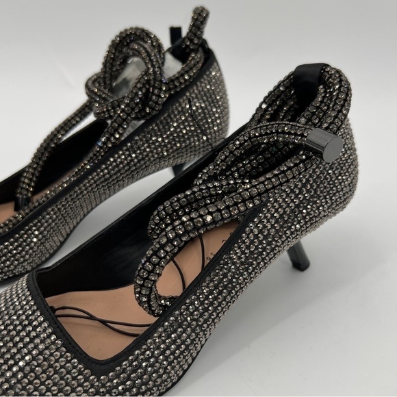ZARA NEW GEM RHINESTONE BLACK GRAY SILVER POINTED BOW TIE ANKLE KITTEN HEELS 6 - Picture 4 of 11